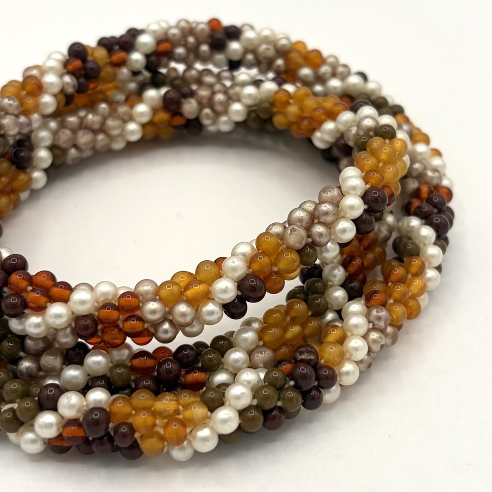 Endless‎ Seed Bead Woven Spiral Rope Necklace Faux Pearl Amber Fall Colors